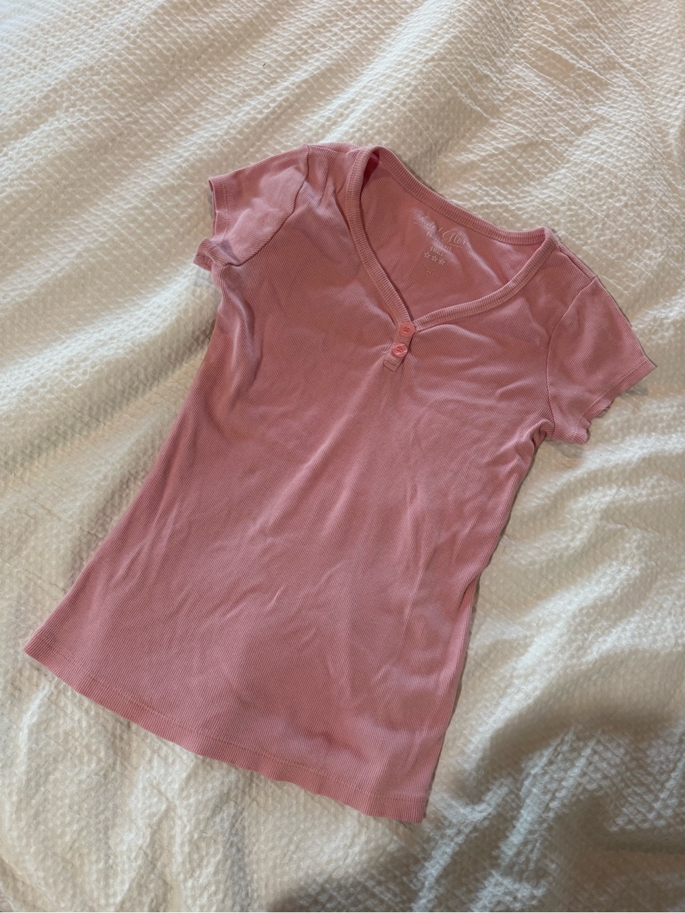 Faded Glory Dusty Rose Ribbed Henley Short Sleeve Top